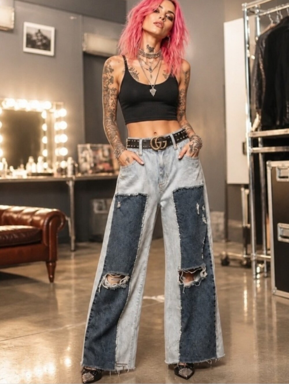 Forever 21 Two-Tone Patchwork Wide-Leg Jeans in Light Blue & Dark Blue